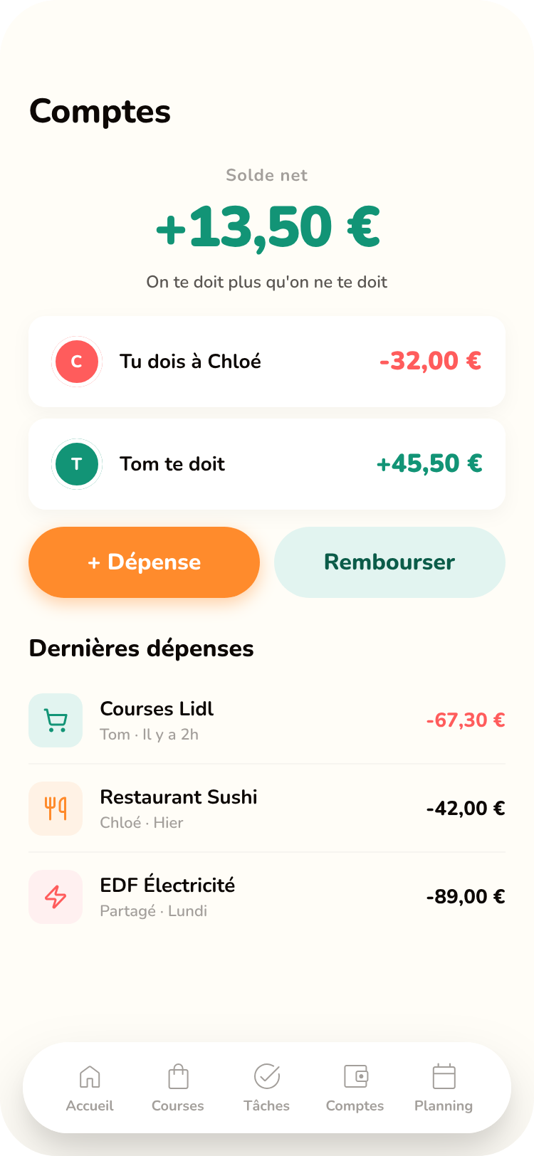 Écran comptes Cotcot